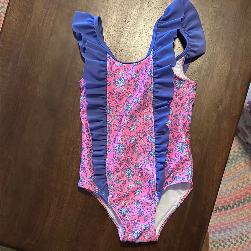 Pink and Blue One Piece Swimsuit with Ruffled Sleeves